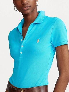 Polo Ralph Lauren Girls Cove Blue Slim Fit Stretch Polo Shirt Size Large (12-14)